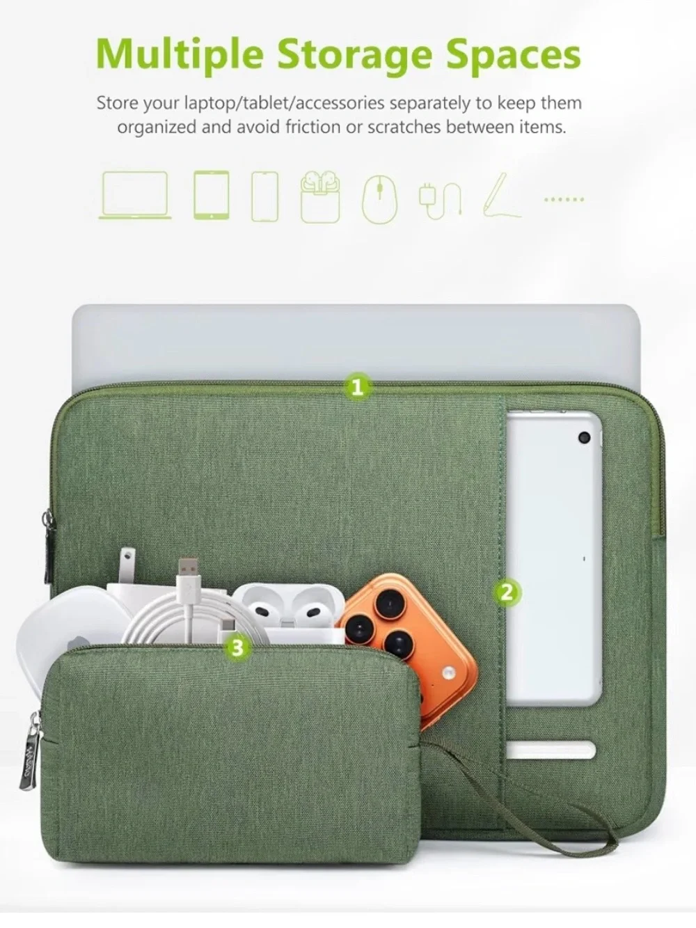 Green 14-15” Laptop case sleeve bag w/ pouch